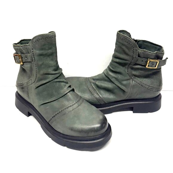 MIZ MOOZ LEATHER BUCKLE ANKLE BOOTS SIDE ZIP FOREST GREEN 37EU / 7US # Z-17 - Picture 1 of 4